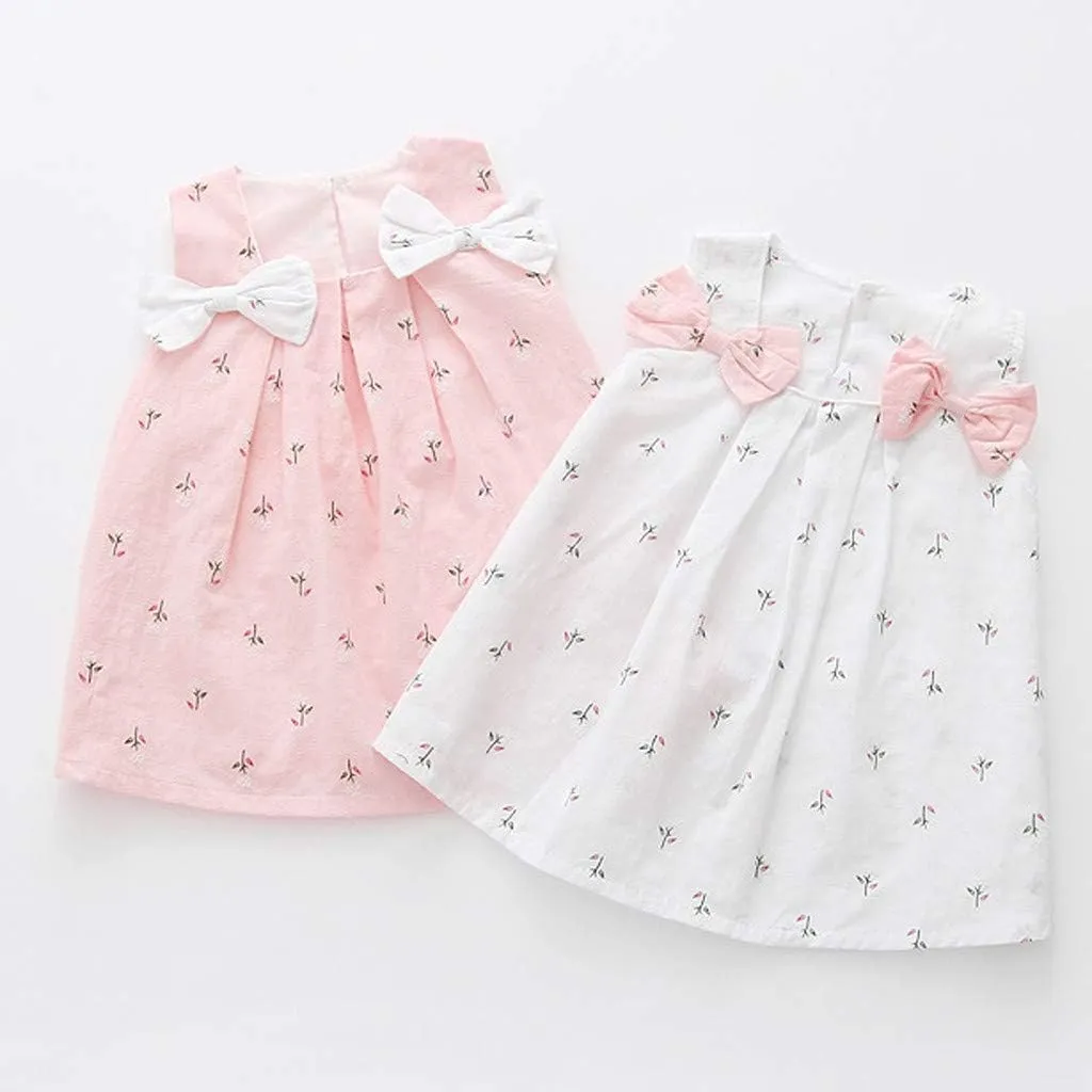 Baby Girls Sleeveless Dress Bow Causal Sundress Ruffle Swing Mini Dresses Toddler Princess Dress Summer Girl Clothes