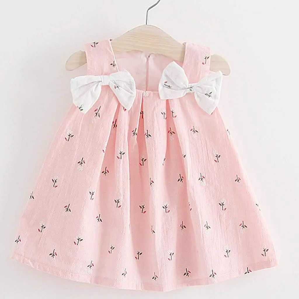 Baby Girls Sleeveless Dress Bow Causal Sundress Ruffle Swing Mini Dresses Toddler Princess Dress Summer Girl Clothes