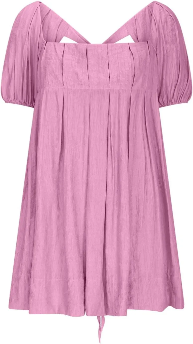 Babydoll Dresses for Women 2025 Cute Puff Short Sleeve Square Neck Tshirt Dress High Waist A Line Dress Mini Dresses