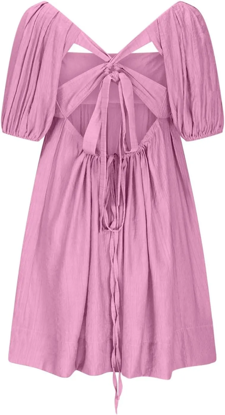 Babydoll Dresses for Women 2025 Cute Puff Short Sleeve Square Neck Tshirt Dress High Waist A Line Dress Mini Dresses