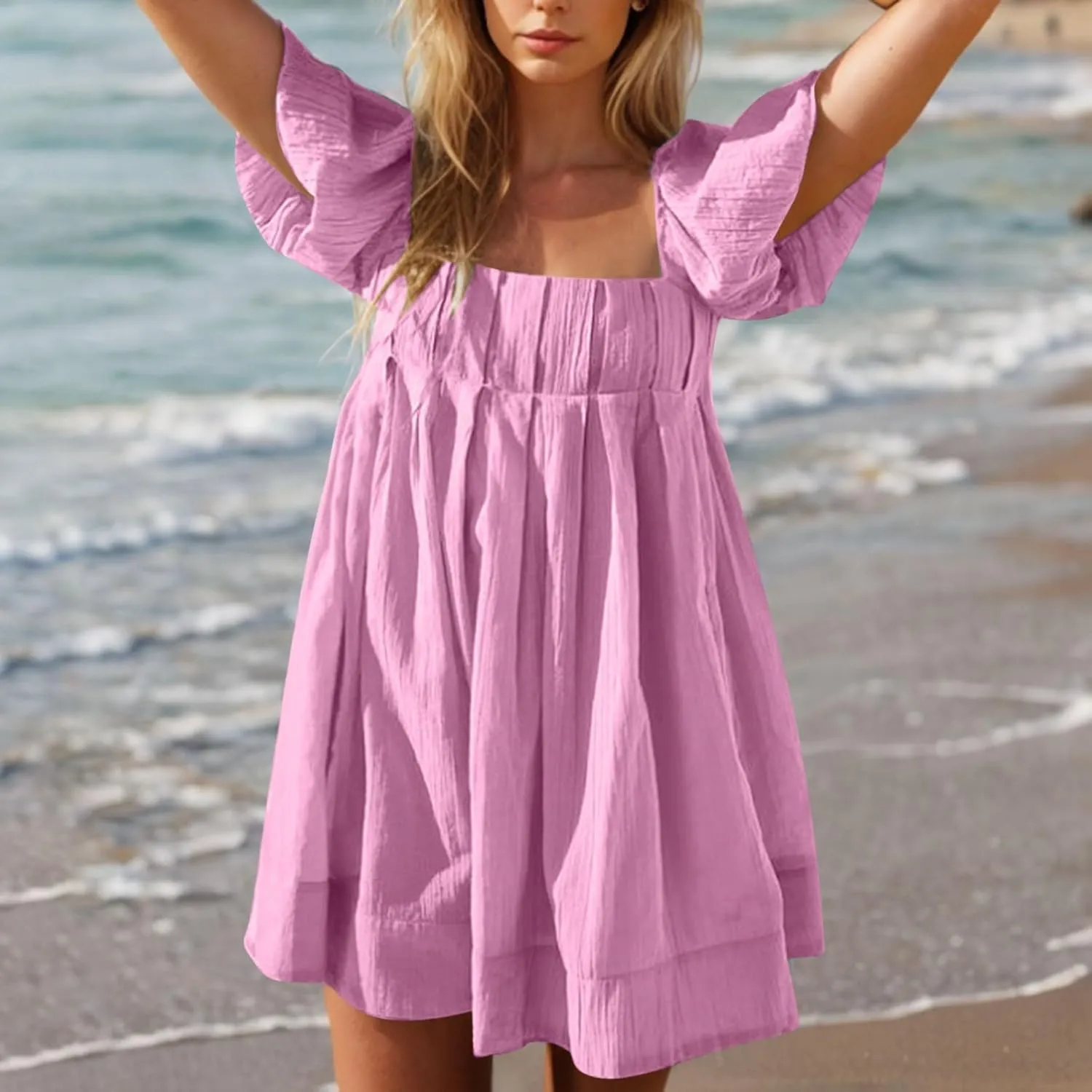 Babydoll Dresses for Women 2025 Cute Puff Short Sleeve Square Neck Tshirt Dress High Waist A Line Dress Mini Dresses