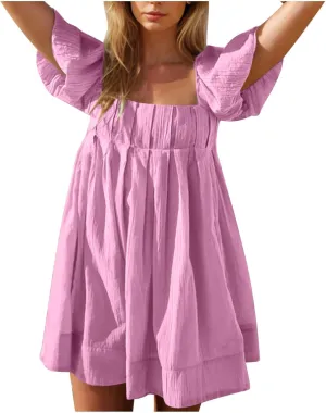 Babydoll Dresses for Women 2025 Cute Puff Short Sleeve Square Neck Tshirt Dress High Waist A Line Dress Mini Dresses