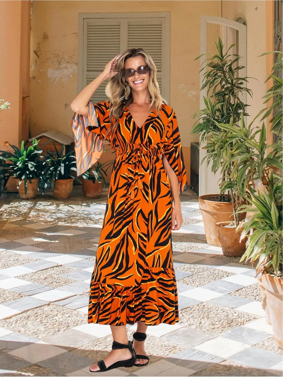Back From Bali Womens Casual Boho Dress Long Maxi Flowy Dresses with Deep V Neck Summer Sundress