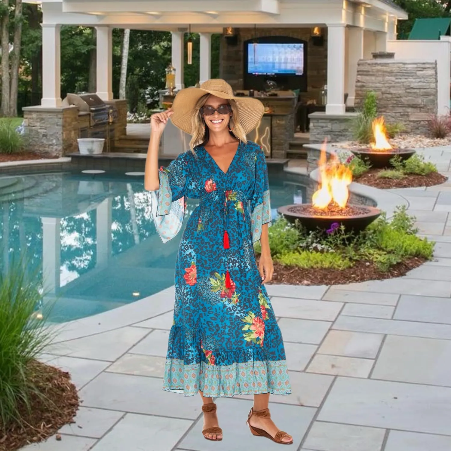 Back From Bali Womens Casual Boho Dress Long Maxi Flowy Dresses with Deep V Neck Summer Sundress