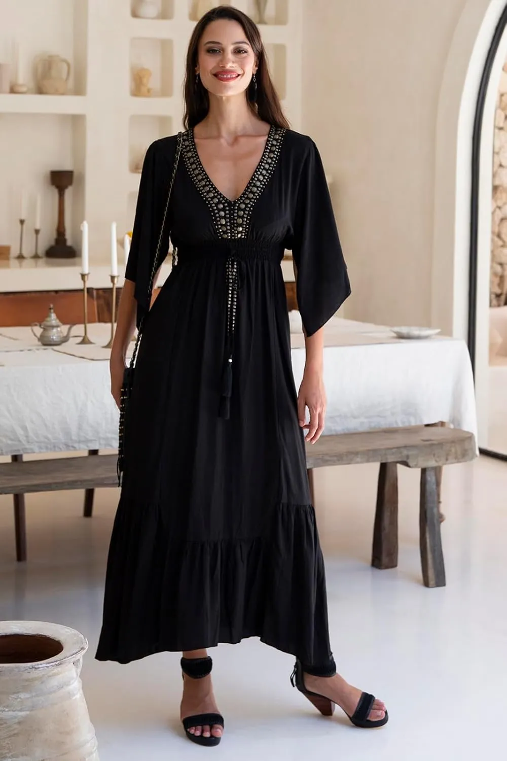 Back From Bali Womens Casual Boho Dress Long Maxi Flowy Dresses with Deep V Neck Summer Sundress