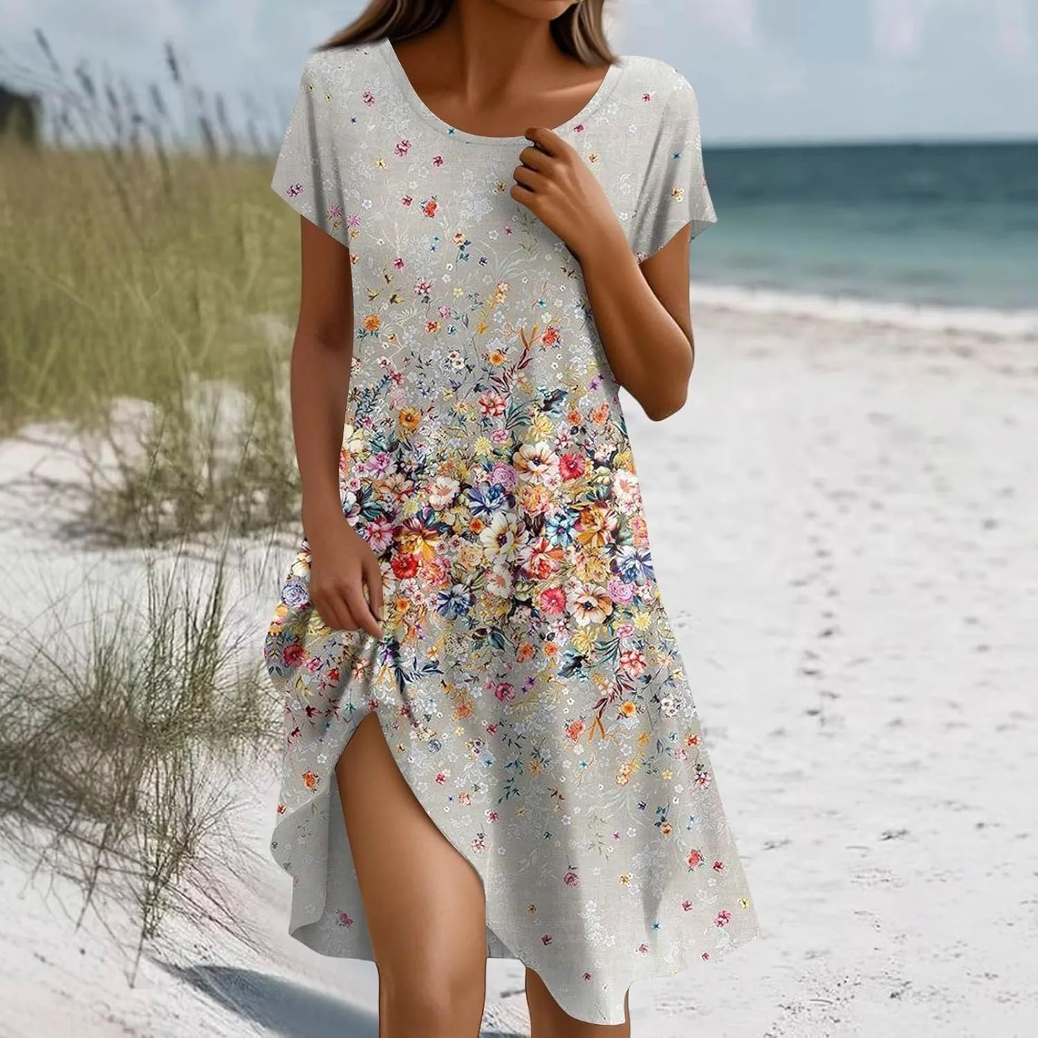 BAXLIMEK Beach Dresses for Women,2025 Summer Trendy Floral Print Boho Vacation Dress,Casual Short Sleeve Flowy Midi Dress