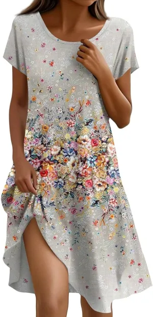 BAXLIMEK Beach Dresses for Women,2025 Summer Trendy Floral Print Boho Vacation Dress,Casual Short Sleeve Flowy Midi Dress