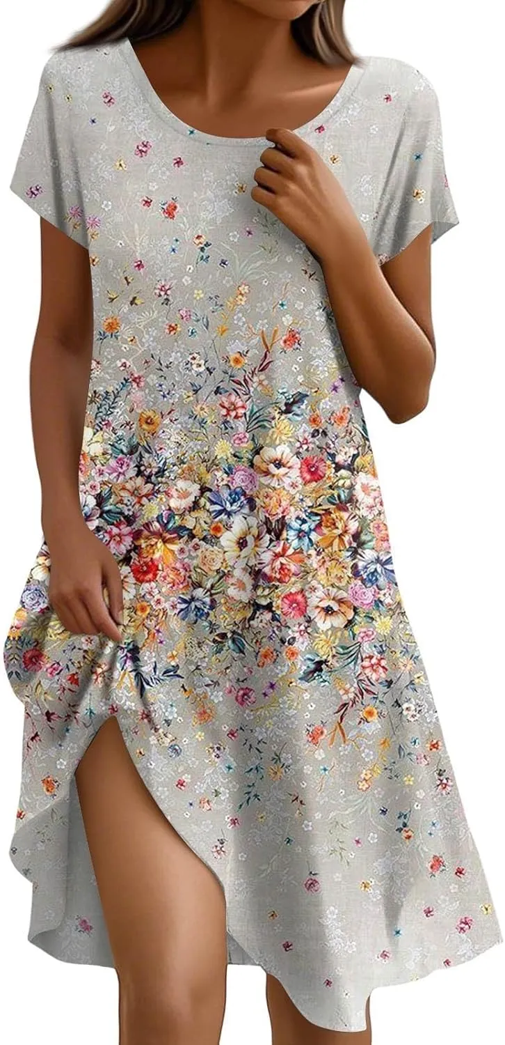 BAXLIMEK Beach Dresses for Women,2025 Summer Trendy Floral Print Boho Vacation Dress,Casual Short Sleeve Flowy Midi Dress