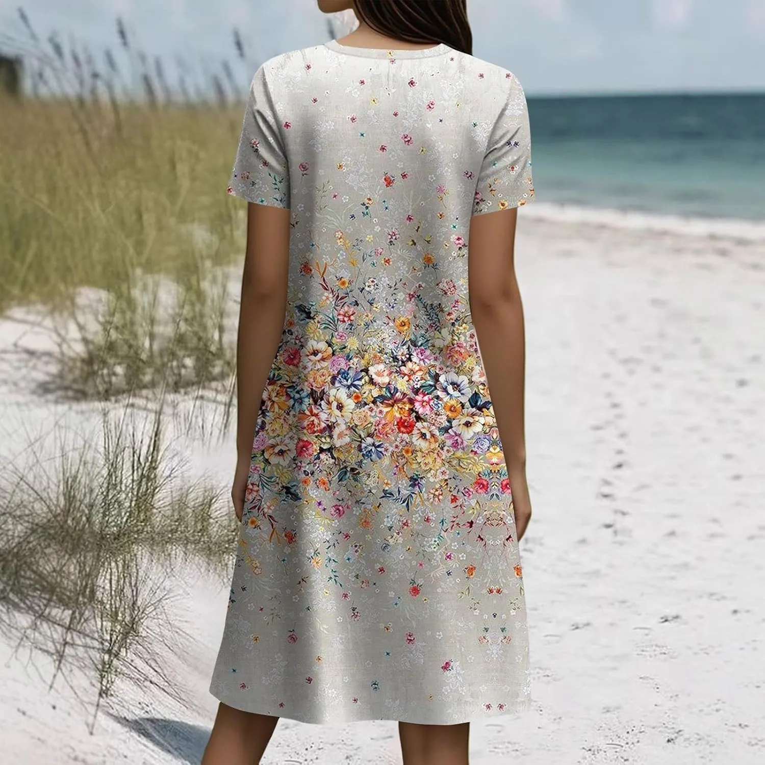 BAXLIMEK Beach Dresses for Women,2025 Summer Trendy Floral Print Boho Vacation Dress,Casual Short Sleeve Flowy Midi Dress