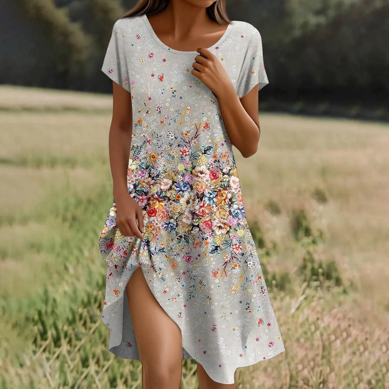 BAXLIMEK Beach Dresses for Women,2025 Summer Trendy Floral Print Boho Vacation Dress,Casual Short Sleeve Flowy Midi Dress