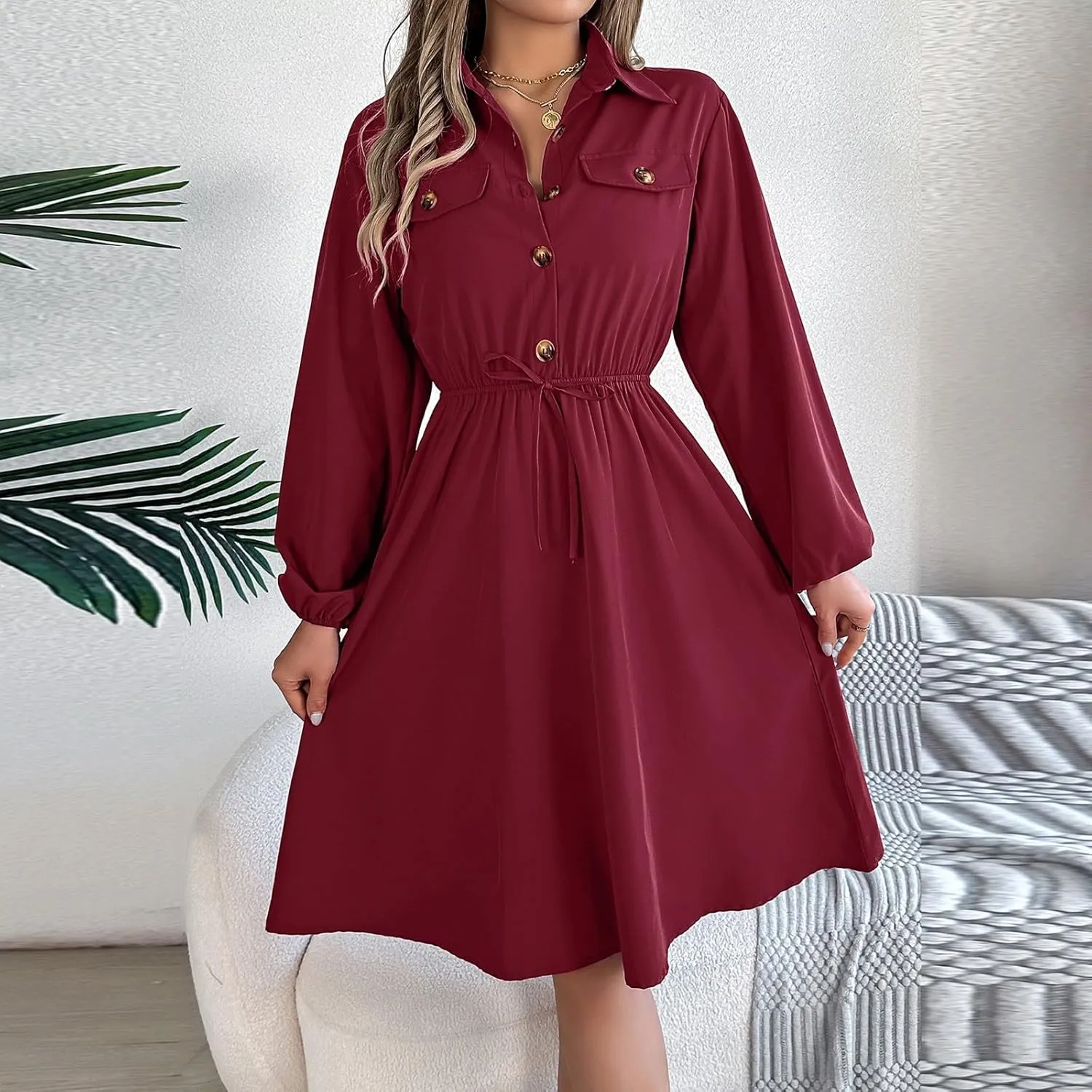 BAXLIMEK Midi Dresses for Women,2025 Spring Elegant Trendy Long Sleeve Dress Flowy Pleated A Line Vacation Dress Work Outfits