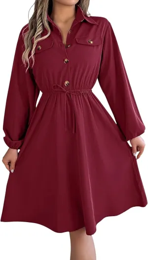 BAXLIMEK Midi Dresses for Women,2025 Spring Elegant Trendy Long Sleeve Dress Flowy Pleated A Line Vacation Dress Work Outfits