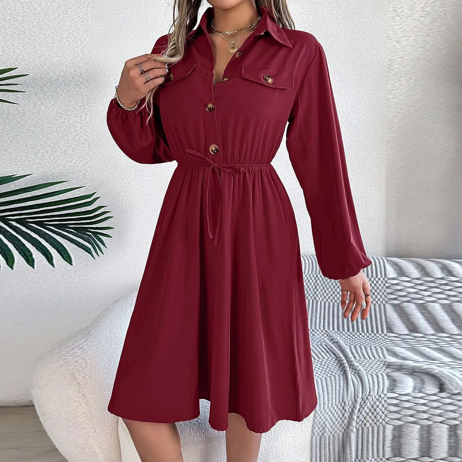 BAXLIMEK Midi Dresses for Women,2025 Spring Elegant Trendy Long Sleeve Dress Flowy Pleated A Line Vacation Dress Work Outfits