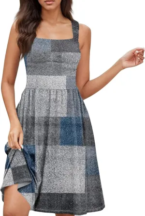 BAXLIMEK Sundresses for Women,2025 Spring Summer Trendy Floral Print Beach Dress,Square Neck Tank Flowy Ruched Boho Dress