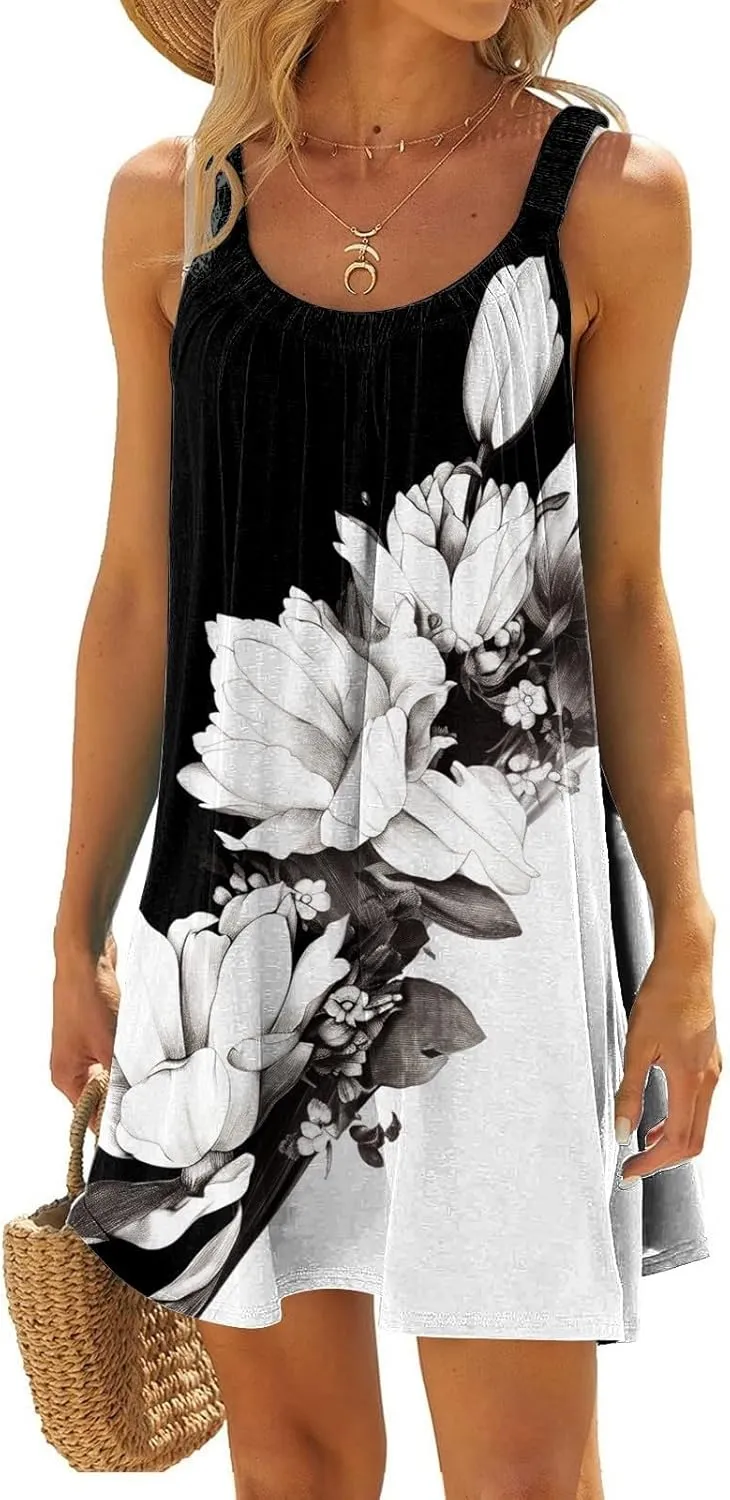 Beach Dress for Women Sleeveless Crewneck Boho Dresses Pleated Flowy Short Vacation Sundress Swimwear Cover Ups