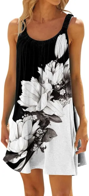 Beach Dress for Women Sleeveless Crewneck Boho Dresses Pleated Flowy Short Vacation Sundress Swimwear Cover Ups