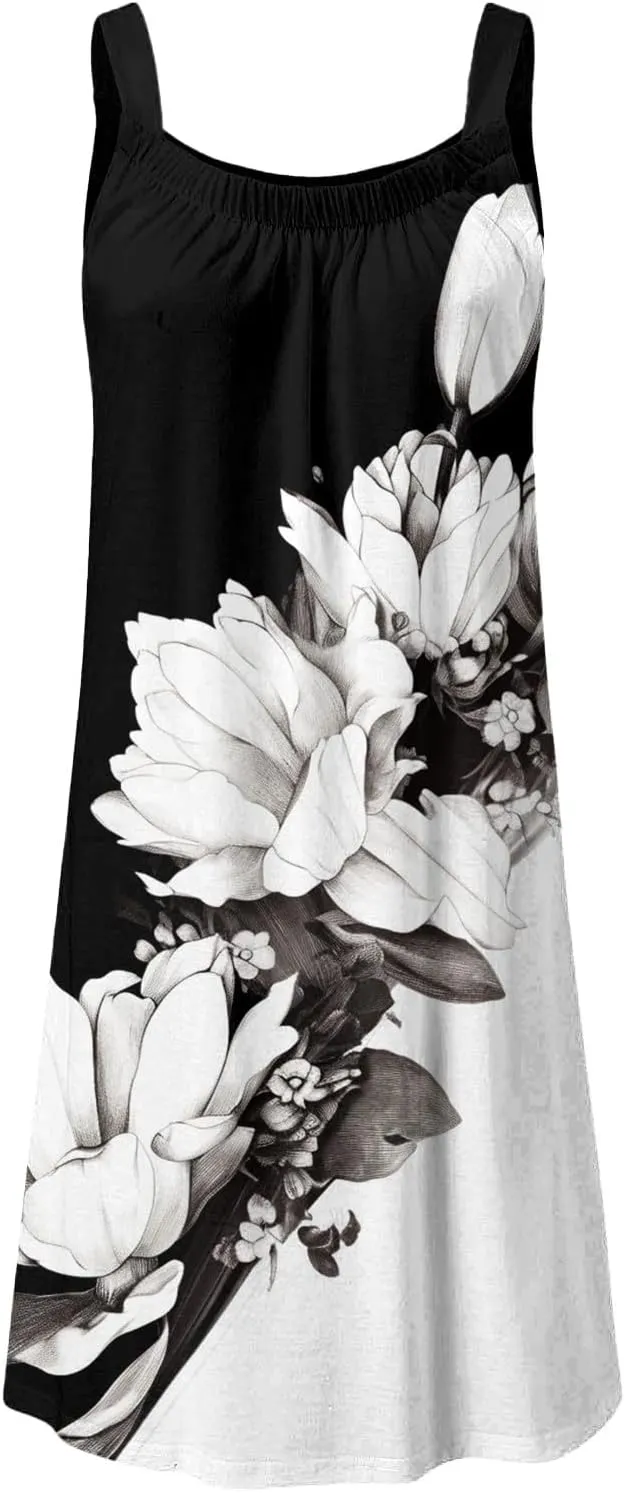 Beach Dress for Women Sleeveless Crewneck Boho Dresses Pleated Flowy Short Vacation Sundress Swimwear Cover Ups