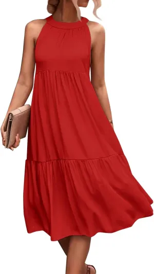 Beach Dresses for Women,2025 Summer Trendy Sleeveless Halter A Line Sundress,Flowy Pleated Tiered Swing Boho Dress