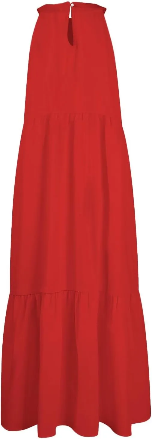 Beach Dresses for Women,2025 Summer Trendy Sleeveless Halter A Line Sundress,Flowy Pleated Tiered Swing Boho Dress