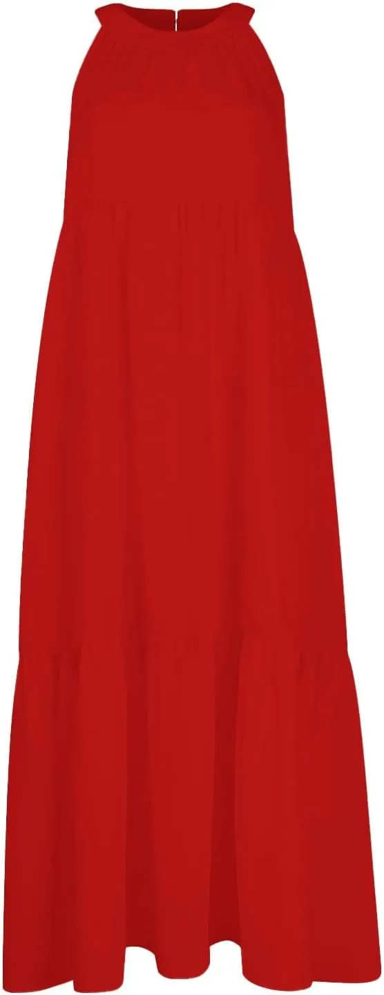 Beach Dresses for Women,2025 Summer Trendy Sleeveless Halter A Line Sundress,Flowy Pleated Tiered Swing Boho Dress