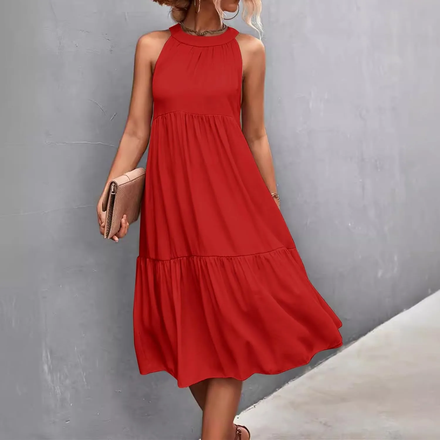 Beach Dresses for Women,2025 Summer Trendy Sleeveless Halter A Line Sundress,Flowy Pleated Tiered Swing Boho Dress