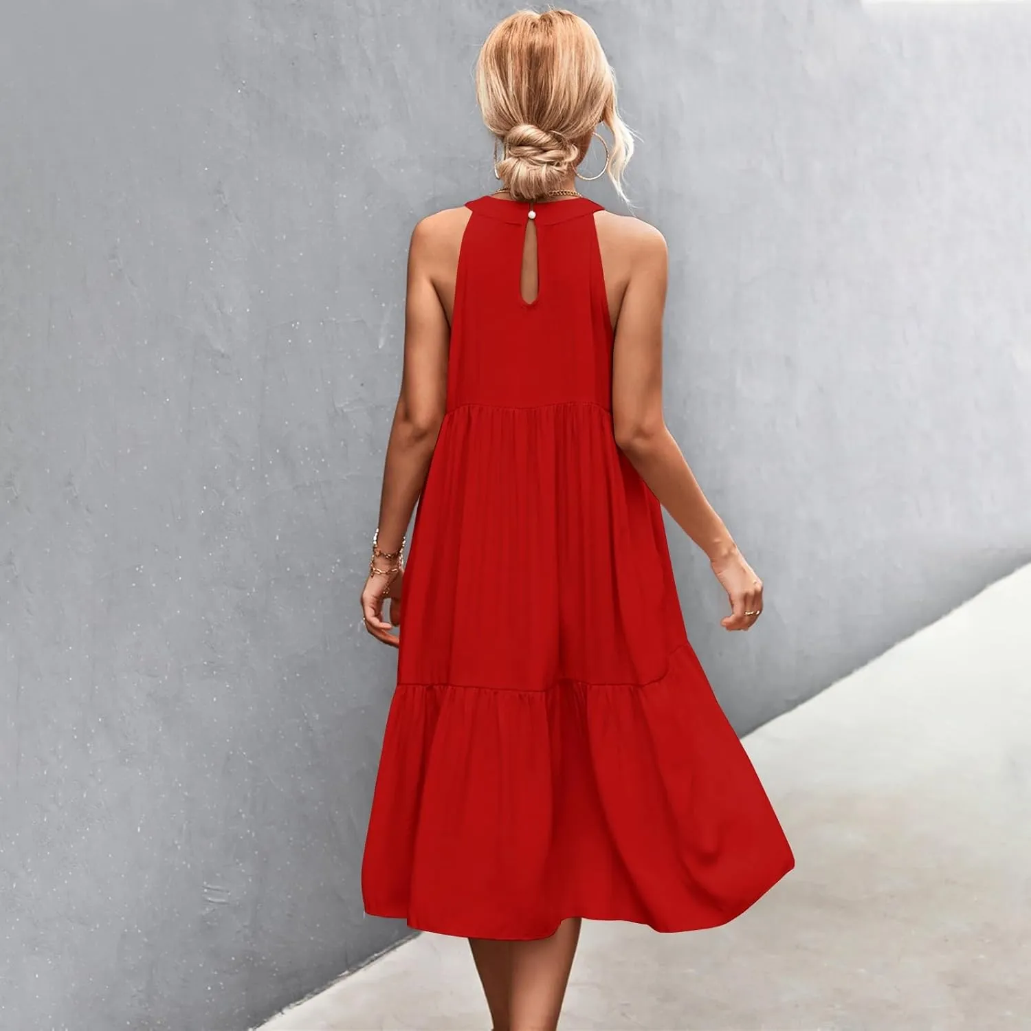 Beach Dresses for Women,2025 Summer Trendy Sleeveless Halter A Line Sundress,Flowy Pleated Tiered Swing Boho Dress