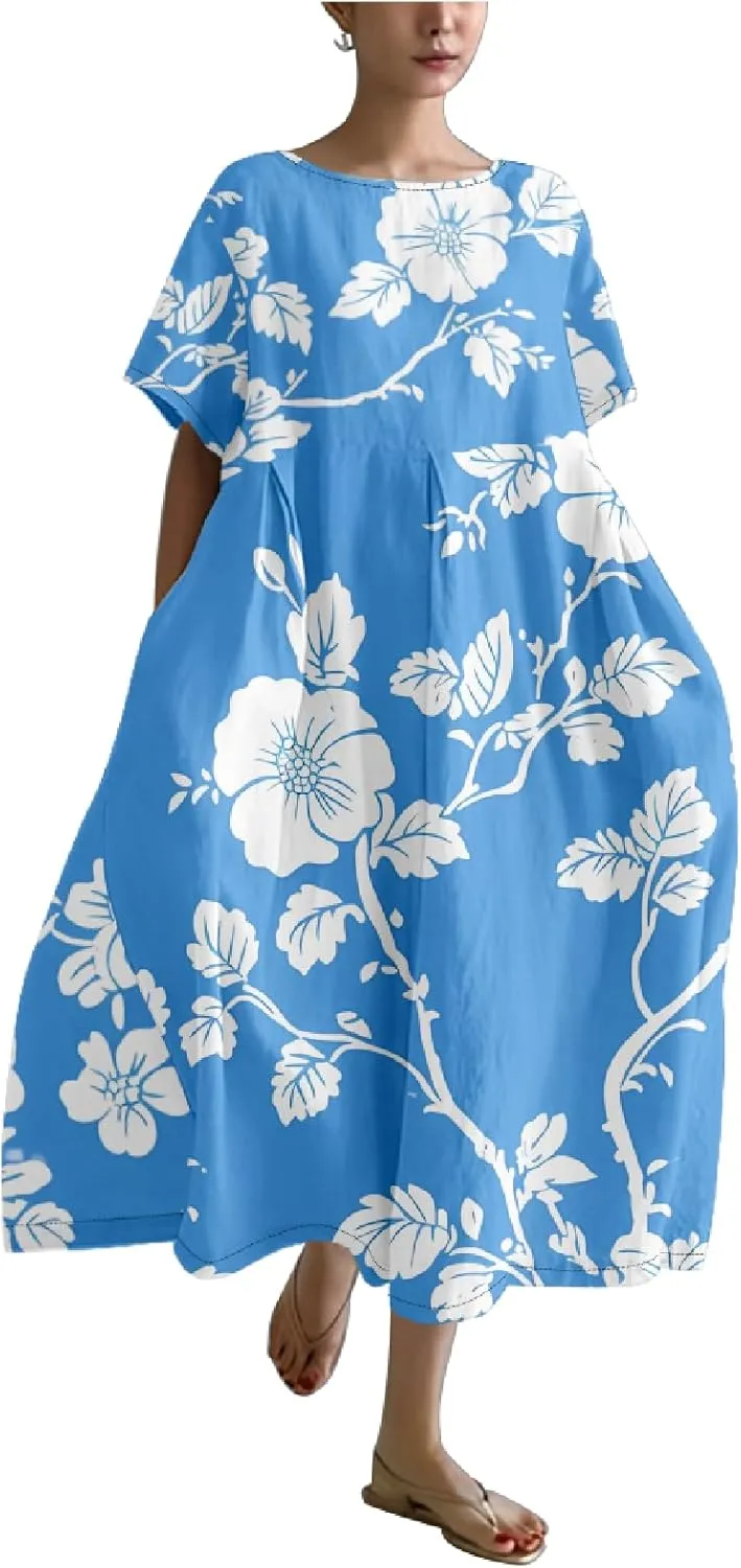 Bengbobar Boho Dresses for Women Flroal Maxi Dress Flowy Crew Neck Beach Art Dress Crewneck Linen Casua Summer Dresses