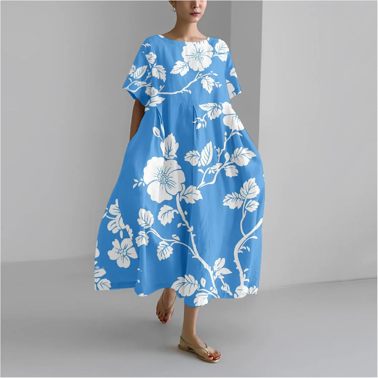 Bengbobar Boho Dresses for Women Flroal Maxi Dress Flowy Crew Neck Beach Art Dress Crewneck Linen Casua Summer Dresses