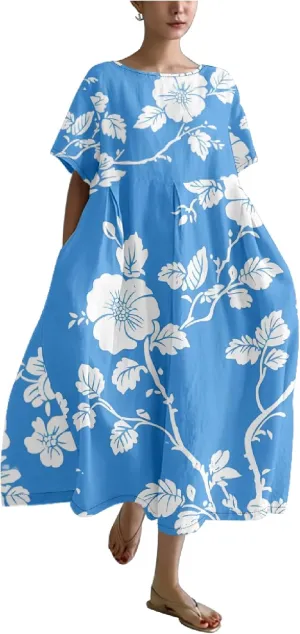 Bengbobar Boho Dresses for Women Flroal Maxi Dress Flowy Crew Neck Beach Art Dress Crewneck Linen Casua Summer Dresses