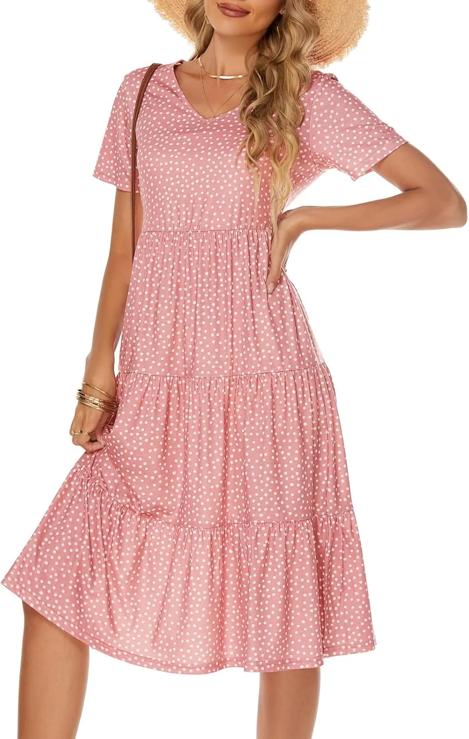 Berydress Women's Casual Summer Tiered Midi Dress 2025 Short Sleeve V-Neck Loose Cotton Ruffle Babydoll Dress Boho Sundress