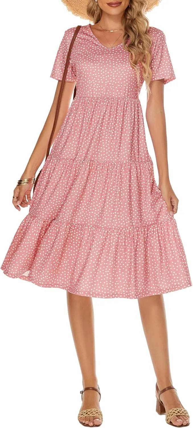 Berydress Women's Casual Summer Tiered Midi Dress 2025 Short Sleeve V-Neck Loose Cotton Ruffle Babydoll Dress Boho Sundress