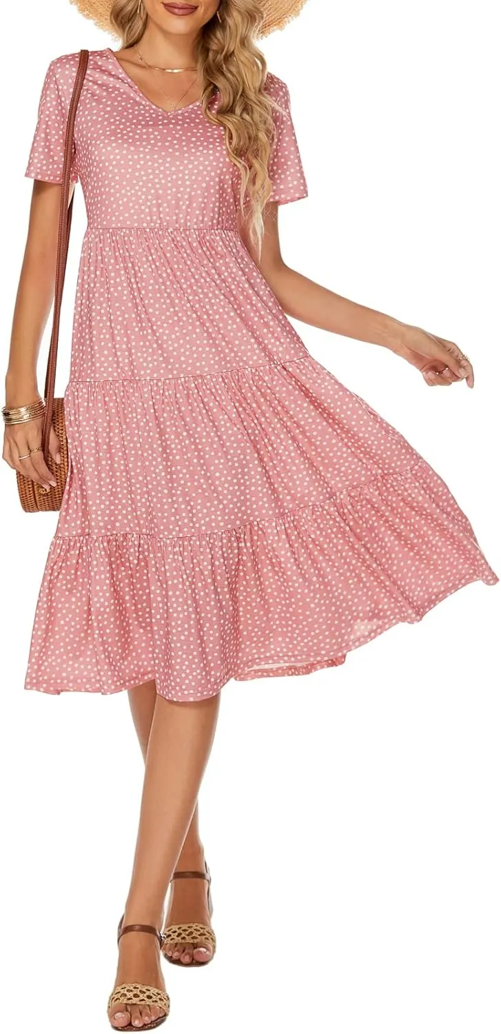 Berydress Women's Casual Summer Tiered Midi Dress 2025 Short Sleeve V-Neck Loose Cotton Ruffle Babydoll Dress Boho Sundress