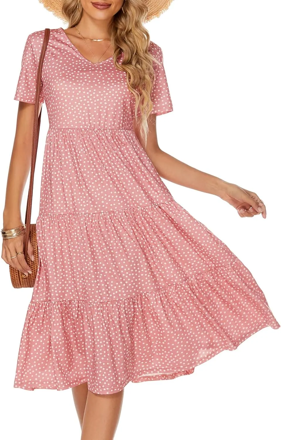 Berydress Women's Casual Summer Tiered Midi Dress 2025 Short Sleeve V-Neck Loose Cotton Ruffle Babydoll Dress Boho Sundress