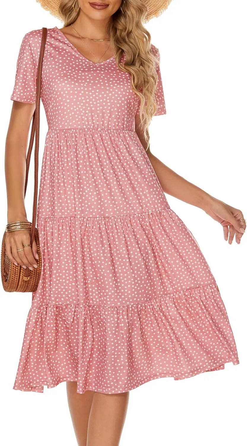 Berydress Women's Casual Summer Tiered Midi Dress 2025 Short Sleeve V-Neck Loose Cotton Ruffle Babydoll Dress Boho Sundress