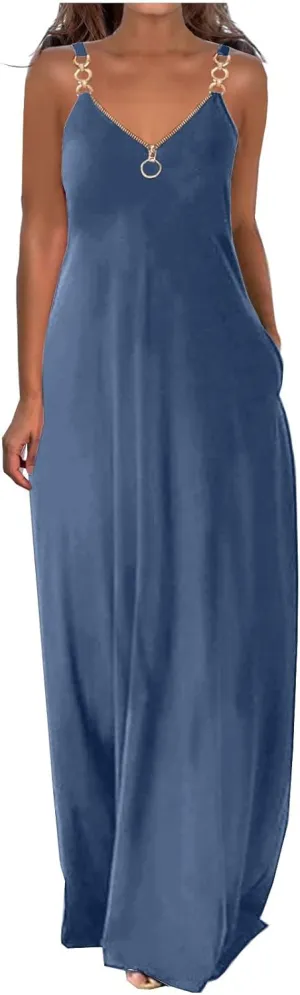Binmer Summer Sun Dresses for Women 2024 Casual Boho Solid Color Ring Straps Zipper V Neck Beach Long Maxi Dress with Pockets