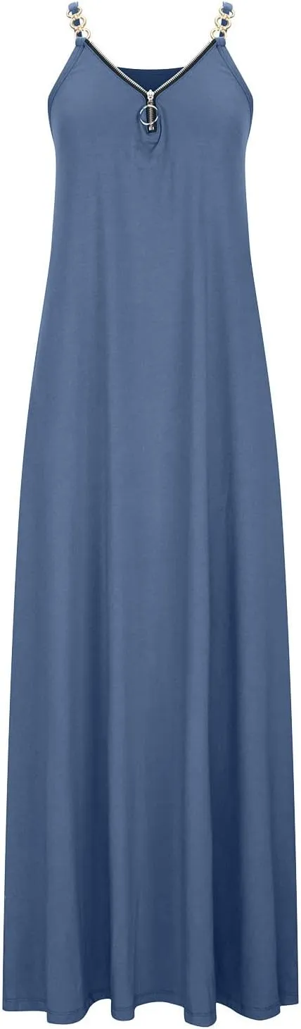 Binmer Summer Sun Dresses for Women 2024 Casual Boho Solid Color Ring Straps Zipper V Neck Beach Long Maxi Dress with Pockets
