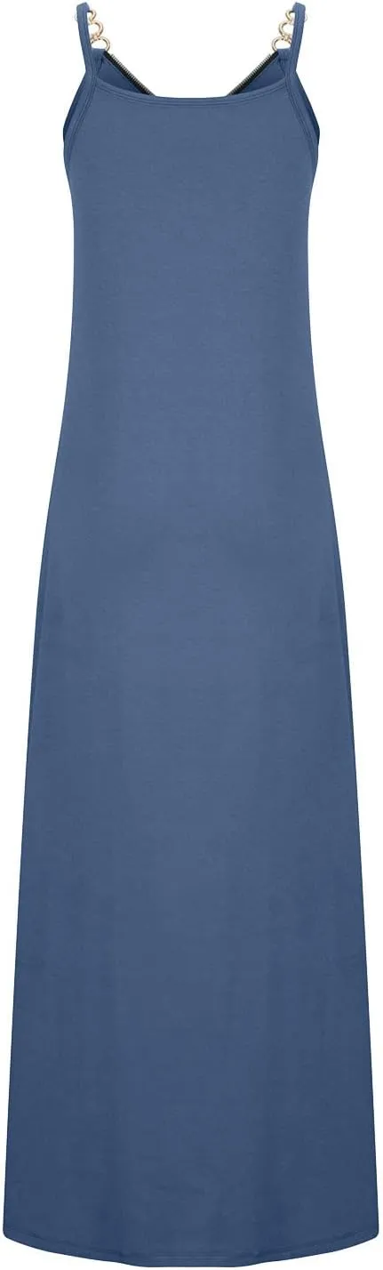 Binmer Summer Sun Dresses for Women 2024 Casual Boho Solid Color Ring Straps Zipper V Neck Beach Long Maxi Dress with Pockets