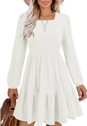 BIUBIU Women's Casual Knit Sweater Dress Square Neck Long Sleeve Knee Length Babydoll Dresses Trendy 2024