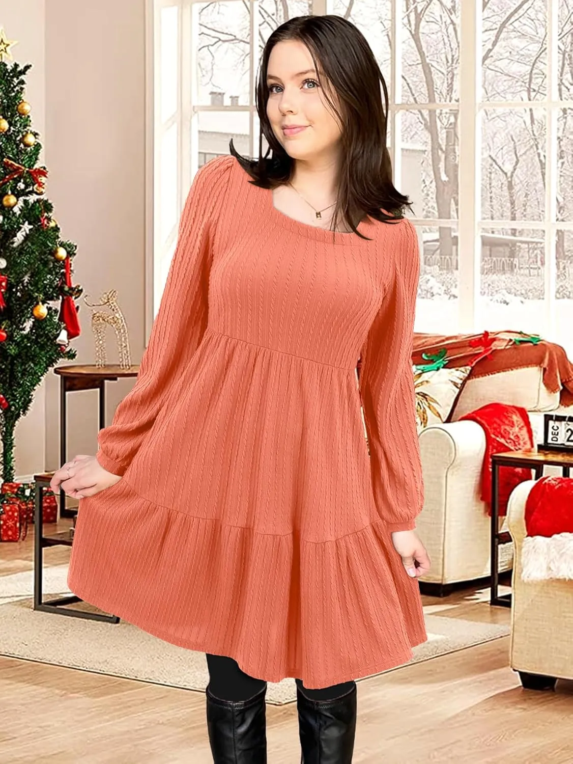 BIUBIU Women's Casual Knit Sweater Dress Square Neck Long Sleeve Knee Length Babydoll Dresses Trendy 2024