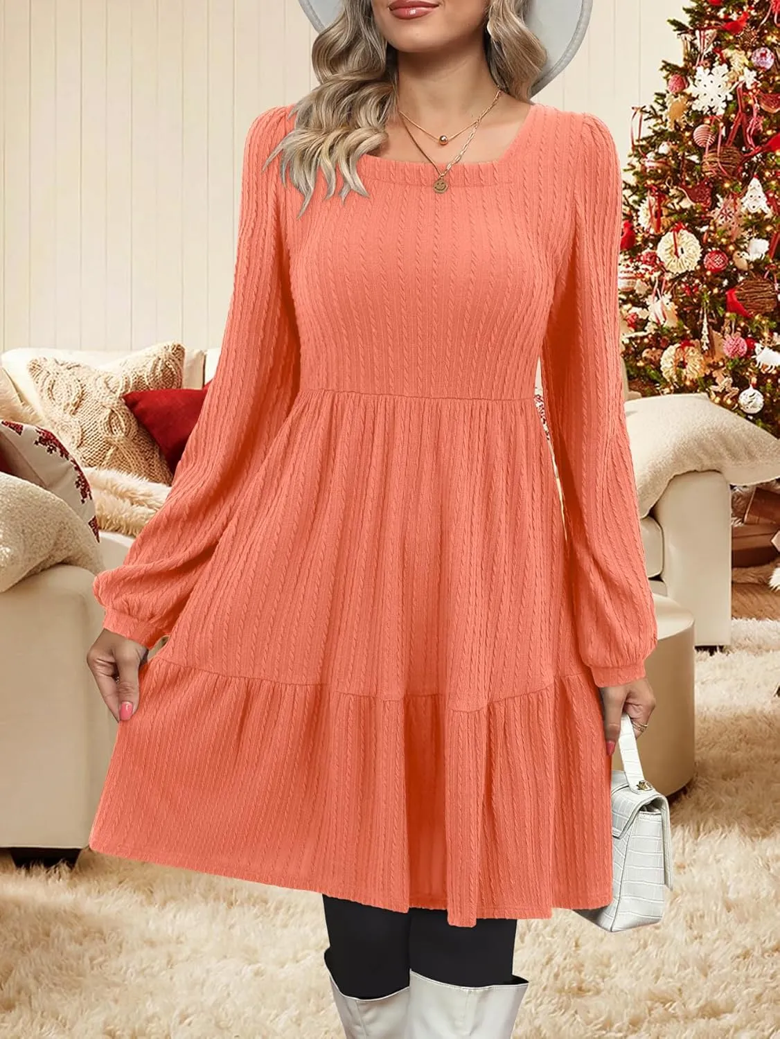 BIUBIU Women's Casual Knit Sweater Dress Square Neck Long Sleeve Knee Length Babydoll Dresses Trendy 2024