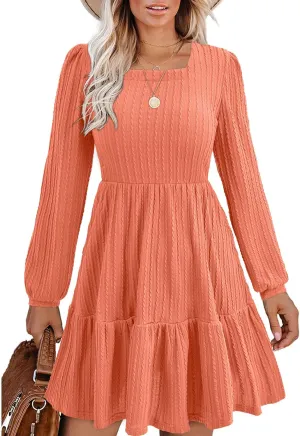 BIUBIU Women's Casual Knit Sweater Dress Square Neck Long Sleeve Knee Length Babydoll Dresses Trendy 2024