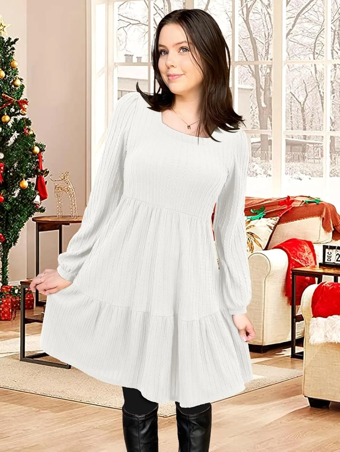BIUBIU Women's Casual Knit Sweater Dress Square Neck Long Sleeve Knee Length Babydoll Dresses Trendy 2024