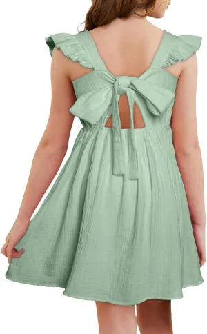 blibean Tween Girls 2025 Summer Cotton Dresses Kids Tie Back Sundress Size 6-15 Years