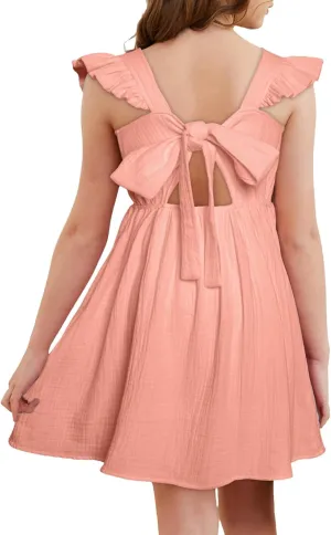 blibean Tween Girls 2025 Summer Cotton Dresses Kids Tie Back Sundress Size 6-15 Years