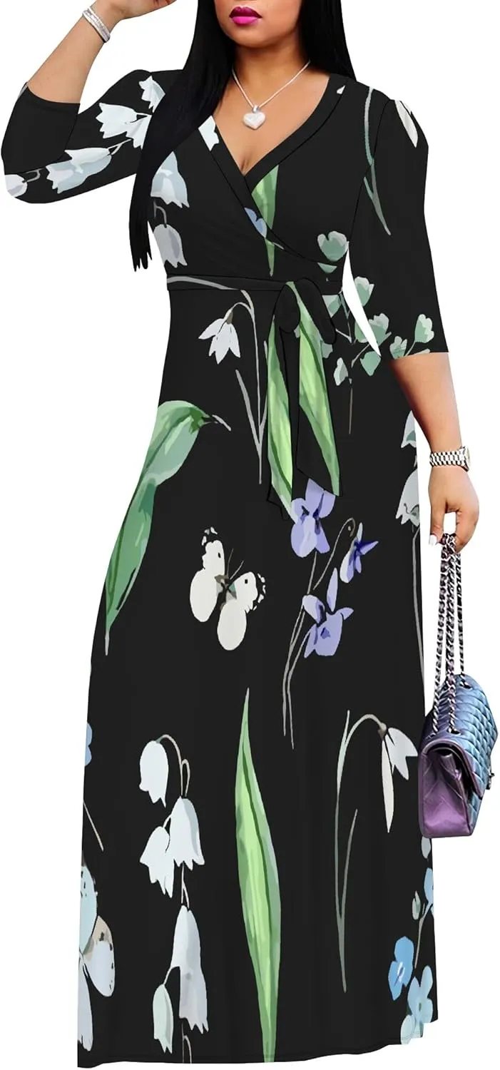 Boho Dress Summer Dresses for Women Clothing Long Floral V Neck Half Sleeve Sundress Beach Party Weeding