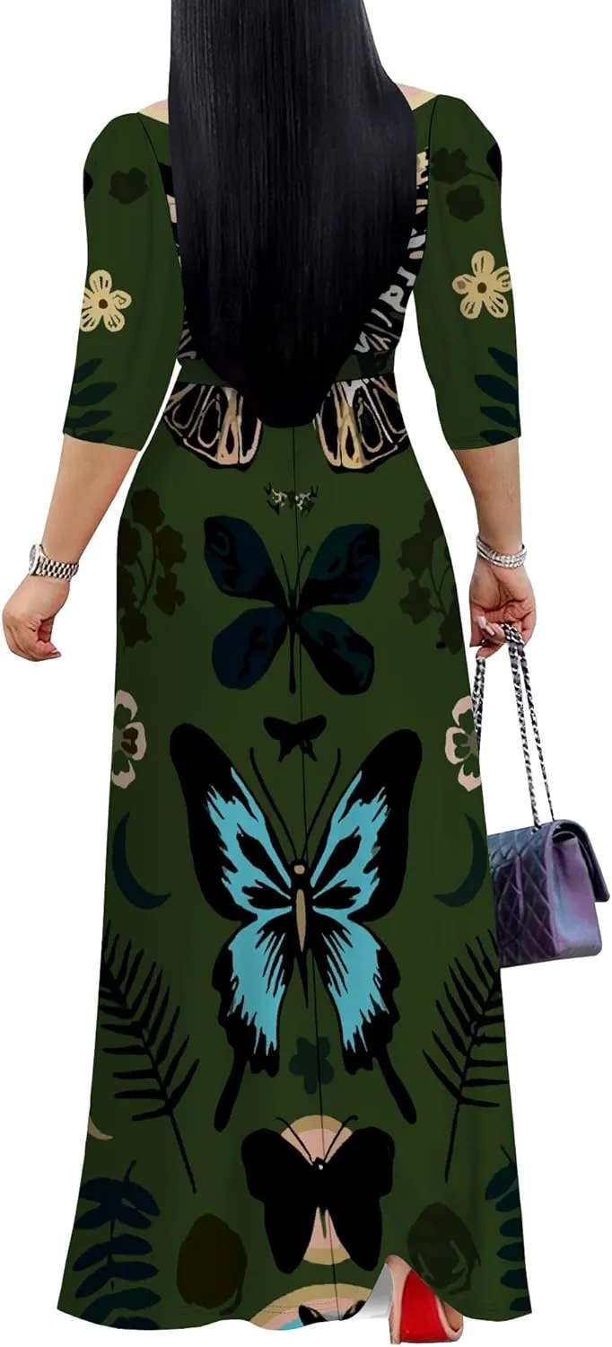 Boho Dress Summer Dresses for Women Clothing Long Floral V Neck Half Sleeve Sundress Beach Party Weeding