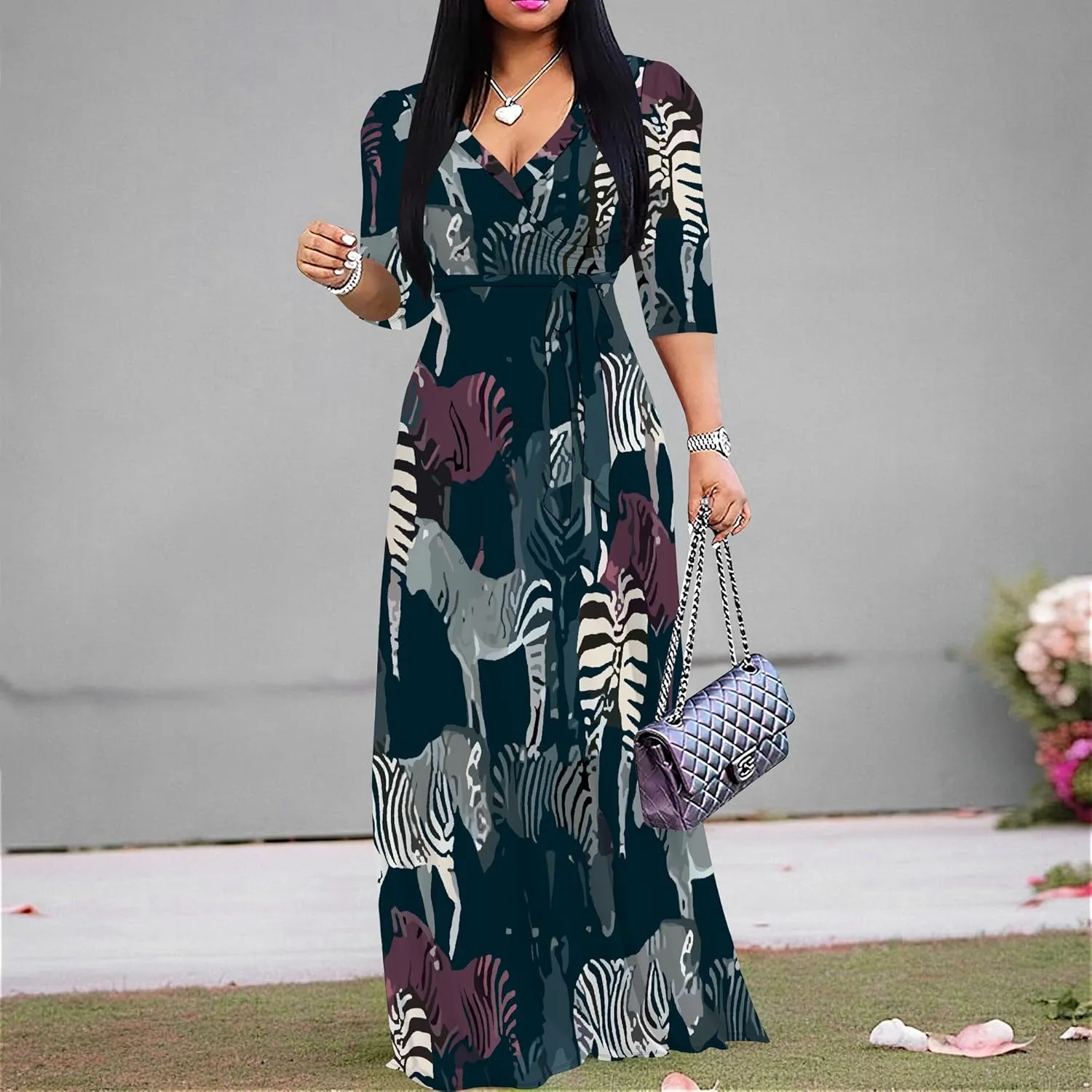 Boho Dress Summer Dresses for Women Clothing Long Floral V Neck Half Sleeve Sundress Beach Party Weeding