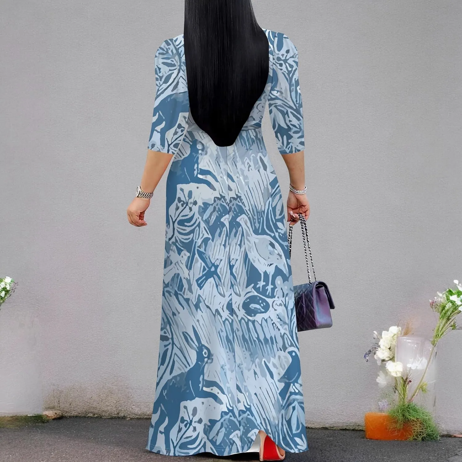 Boho Dress Summer Dresses for Women Clothing Long Floral V Neck Half Sleeve Sundress Beach Party Weeding