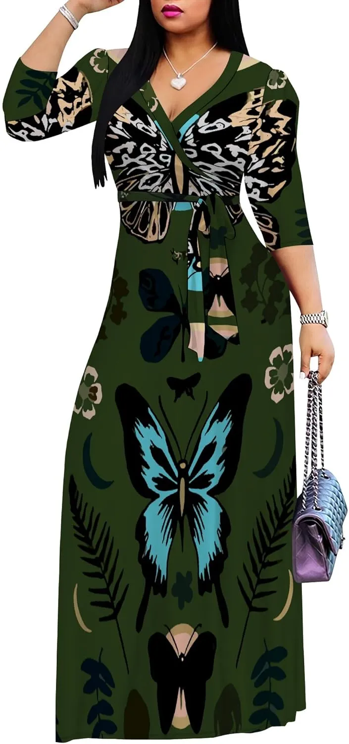 Boho Dress Summer Dresses for Women Clothing Long Floral V Neck Half Sleeve Sundress Beach Party Weeding