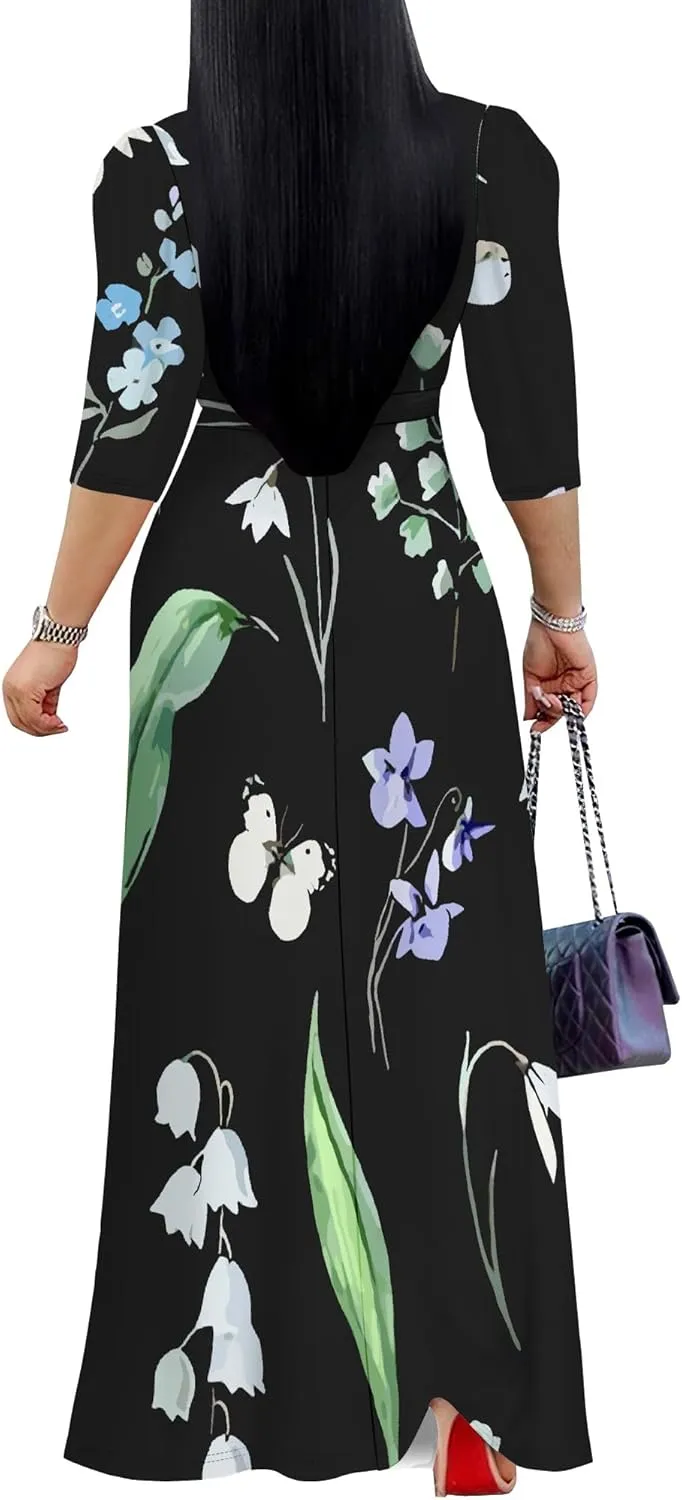 Boho Dress Summer Dresses for Women Clothing Long Floral V Neck Half Sleeve Sundress Beach Party Weeding